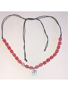 Red Boho Dice Necklace with Silver Tone Initial M Charm